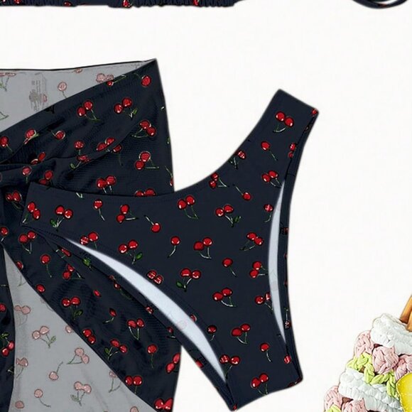 NWT Womens 3 pc Cherry Halter String Triangle Bikini Set w/ Sarong - Large - Picture 6 of 7